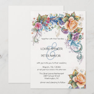 Retro, light blue and peach flowers Wedding Invita Invitation