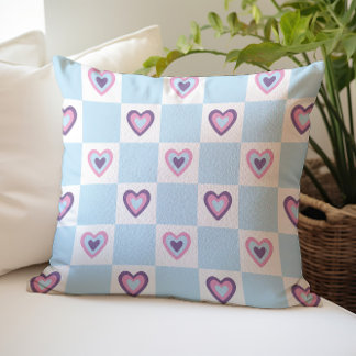 Retro Light blue Hearts Chequered Pattern Cushion