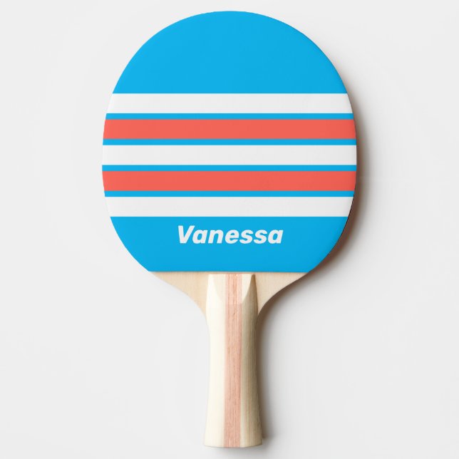 Retro Light Sky Blue Across Striping with Name Ping Pong Paddle (Front)