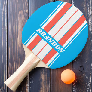 Retro Light Sky Blue Board Stripes with Name Ping Pong Paddle