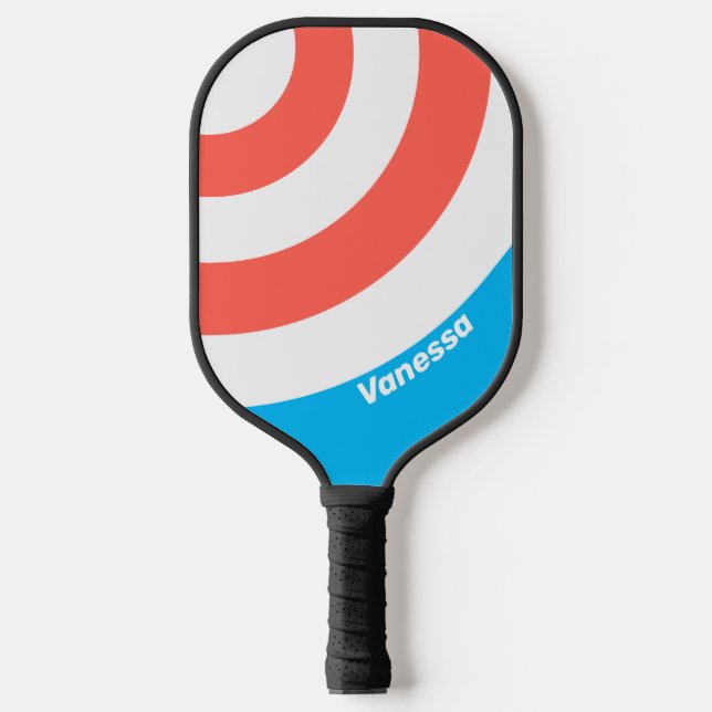 Retro Light Sky Blue Circle Stripe with Name Pickleball Paddle (Front)