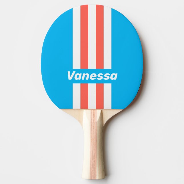 Retro Light Sky Blue Pin Stripes with Name Ping Pong Paddle (Front)