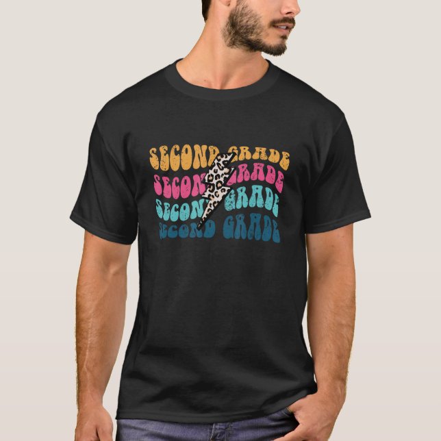 Retro Lightning Bolt Second Grade Teacher Kid Back T-Shirt (Front)