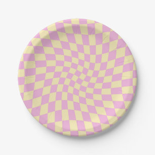 Retro Lilac Peach PInk Checks Warped Checkerboard  Paper Plate