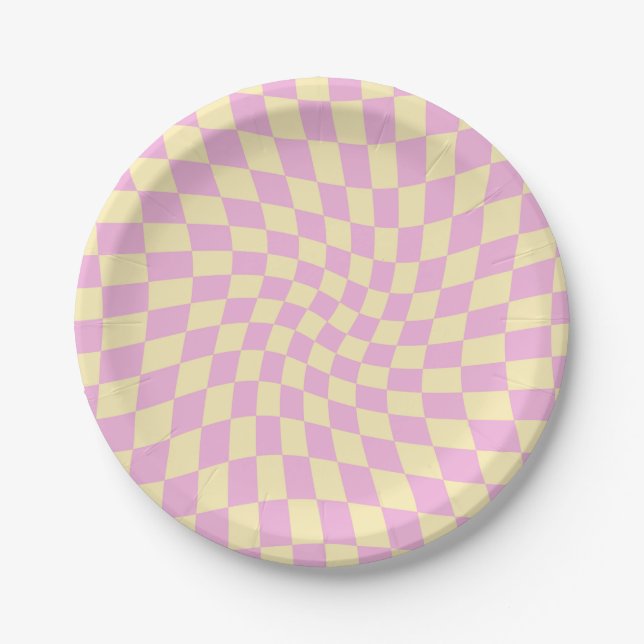 Retro Lilac Peach PInk Checks Warped Chequerboard  Paper Plate (Front)