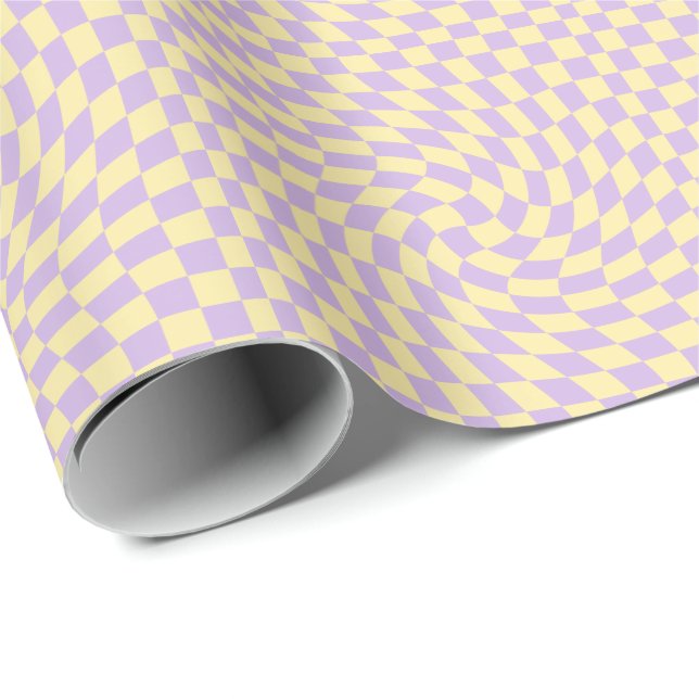 Retro Lilac Yellow Pastel Warped Chequerboard Wrapping Paper (Roll Corner)