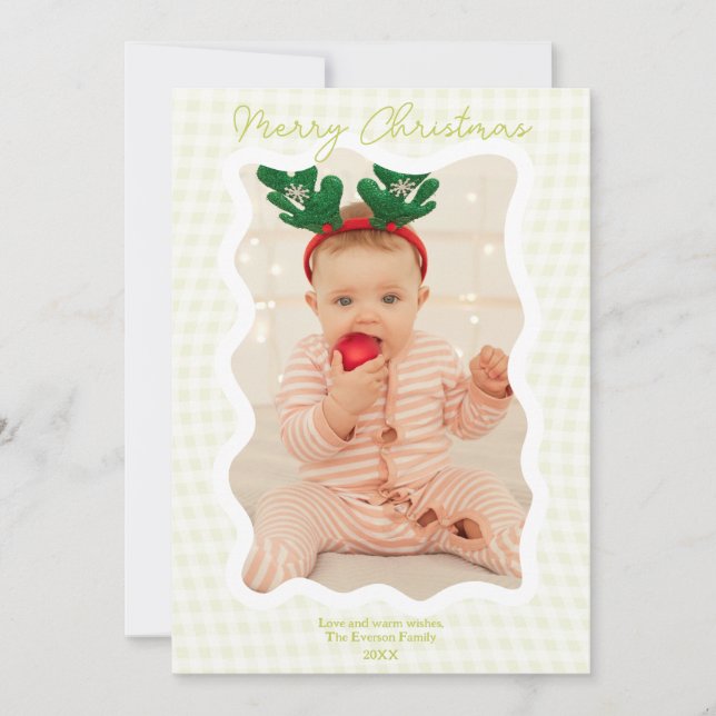 Retro lime Gingham Merry Christmas Wavy 2 photos Holiday Card (Front)