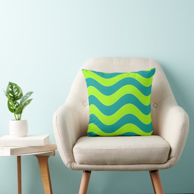 Retro Lime Green and Teal Wavy Psychedelic Pattern Cushion (Chair)