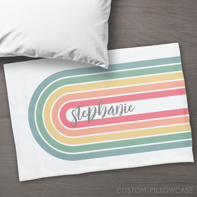 Retro Line Arch Pastel Rainbow Colours Script Name Pillowcase (Custom Pillowcase)