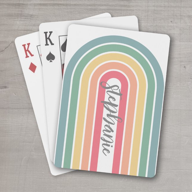 Retro Line Arch Pastel Rainbow Colours Script Name Playing Cards (Personalized Playing Cards - add your name)