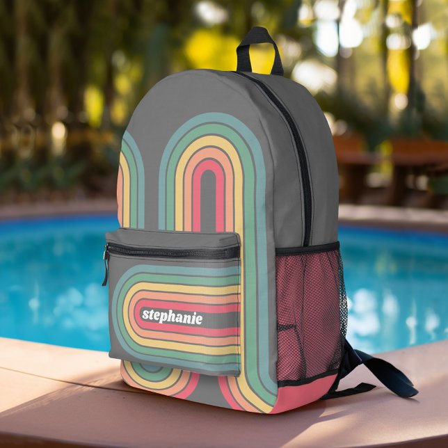 Retro Line Arch Pastel Rainbow Colours Script Name Printed Backpack (Personalized Backpack with  Custom Name)