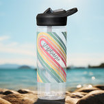 Retro Line Arch Pastel Rainbow Colours Script Name Water Bottle<br><div class="desc">A funky line arch pattern with pastels - blue, green, yellow, orange and red. The retro design includes curves and lines in thick colours. Add your name or delete the text for a fun retro design. The name is a trendy script font in grey. If you click on the customise...</div>