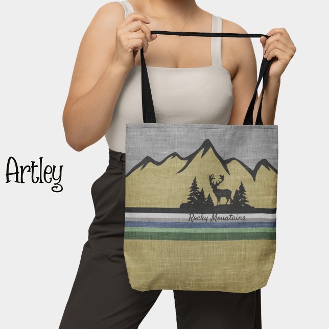 Retro Linen Texture Nature Mountain Scene Deer   Tote Bag (Creator Uploaded)