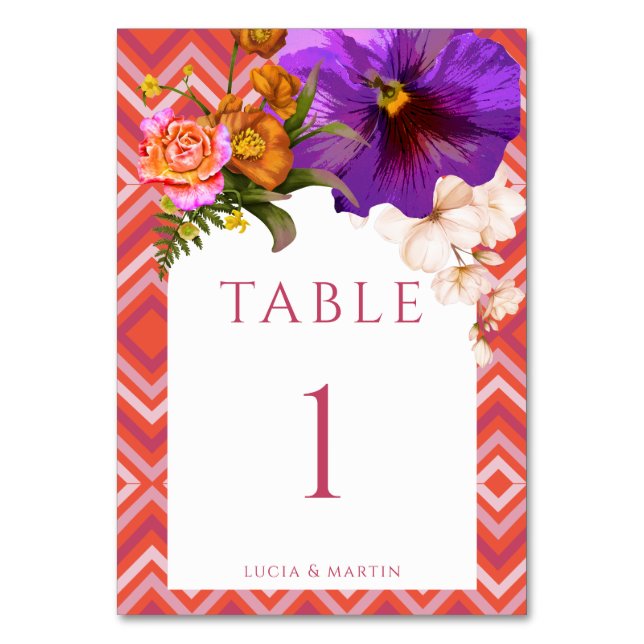 Retro Lines Floral Fuchsia Monogram Wedding Table Number (Front)