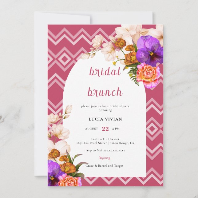 Retro Lines Floral Magenta Fuchsia Bridal Brunch Invitation (Front)