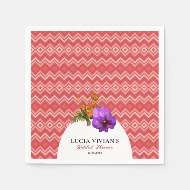 Retro Lines Floral Magenta Fuchsia Bridal Shower Napkin (Front)