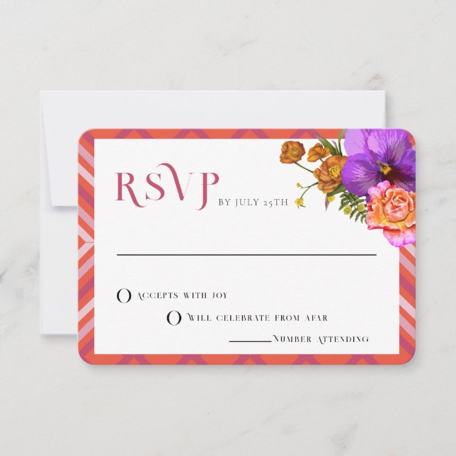Retro Lines Floral Magenta Fuchsia Wedding RSVP Invitation (Front)