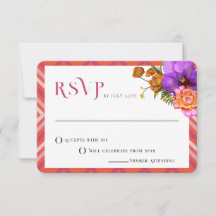 Retro Lines Floral Magenta Fuchsia Wedding RSVP Invitation