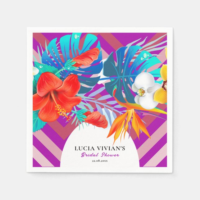 Retro Lines Floral Summer Tropical Bridal Shower Napkin (Front)