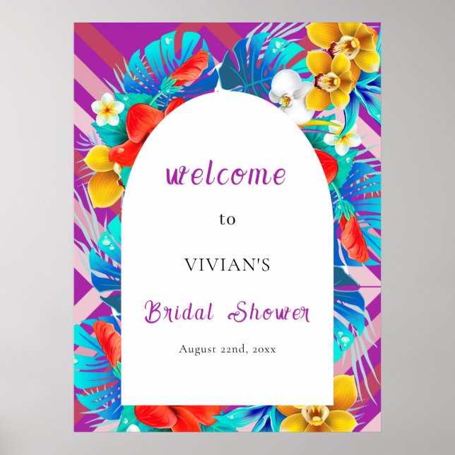 Retro Lines Tropical Magenta Bridal Shower Welcome Poster (Front)