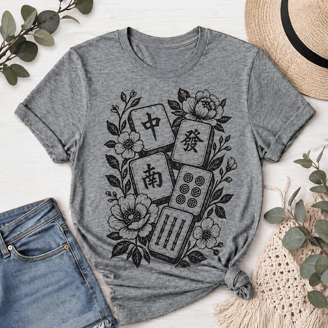 Retro Linocut Mahjong Floral Tile  Tri-Blend Shirt (Creator Uploaded)