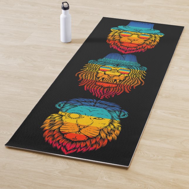 Retro Lion Head Rainbow Striped Sunset Yoga Mat (In Situ)
