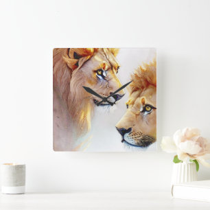 Retro Lions Art - Classic Wildlife Wall Art Square Wall Clock