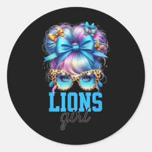 Retro Lions Girl Messy Bun Sports Fan Team Matchin Classic Round Sticker
