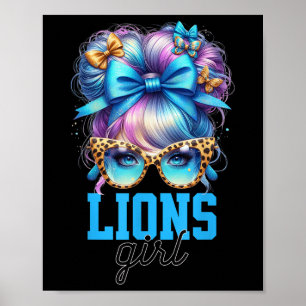 Retro Lions Girl Messy Bun Sports Fan Team Matchin Poster