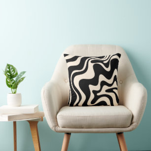Retro Liquid Swirl Abstract Pattern Black & Cream Cushion