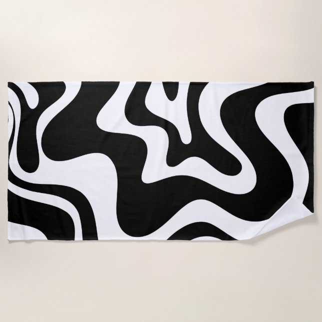 Retro Liquid Swirl Abstract Pattern Black & White Beach Towel (Front)