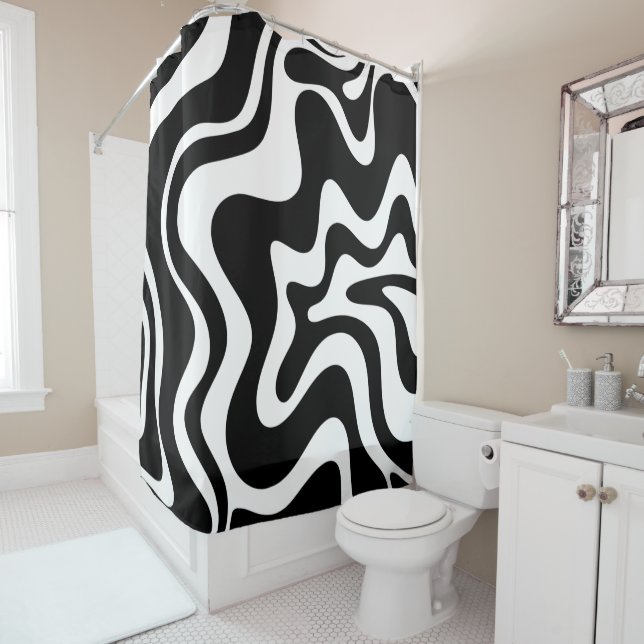 Retro Liquid Swirl Abstract Pattern Black & White Shower Curtain (In Situ)