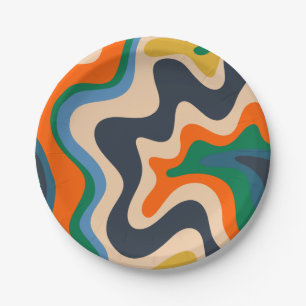 Retro Liquid Swirl Abstract Pattern Blue Orange Paper Plate