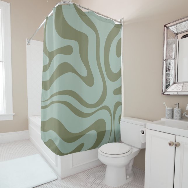 Retro Liquid Swirl Abstract Pattern Celadon Green Shower Curtain (In Situ)