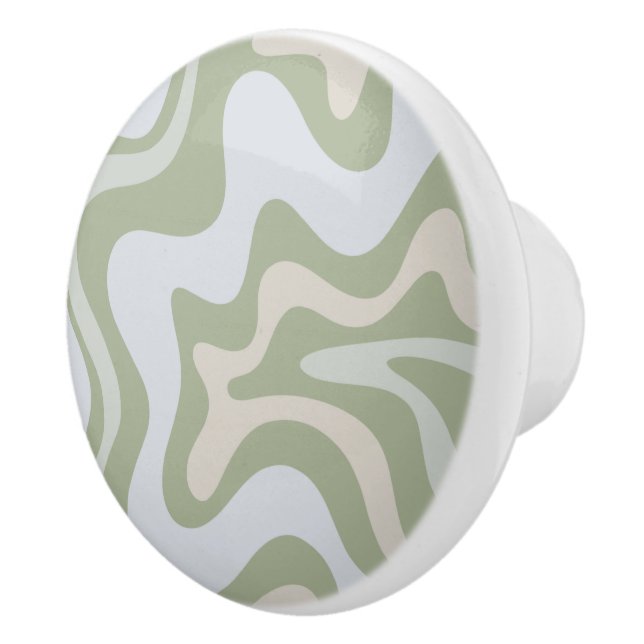 Retro Liquid Swirl Abstract Pattern in Sage Green Ceramic Knob (Right)