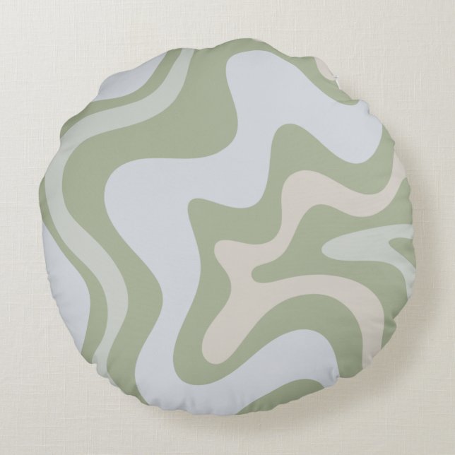 Retro Liquid Swirl Abstract Pattern in Sage Green Round Cushion (Back)