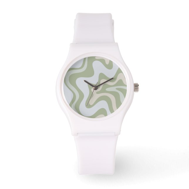 Retro Liquid Swirl Abstract Pattern in Sage Green Watch (Front)