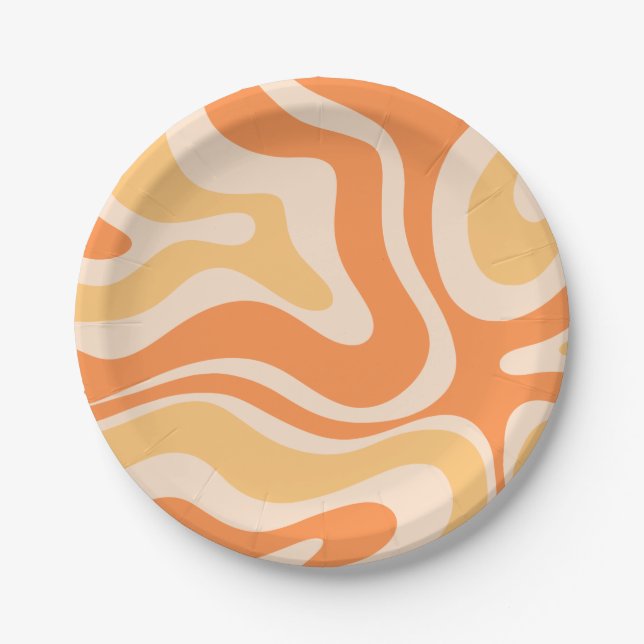 Retro Liquid Swirl Abstract Pattern in Soft Orange Paper Plate (Front)