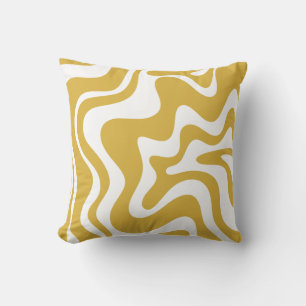 Retro Liquid Swirl Abstract Pattern Mustard White Cushion