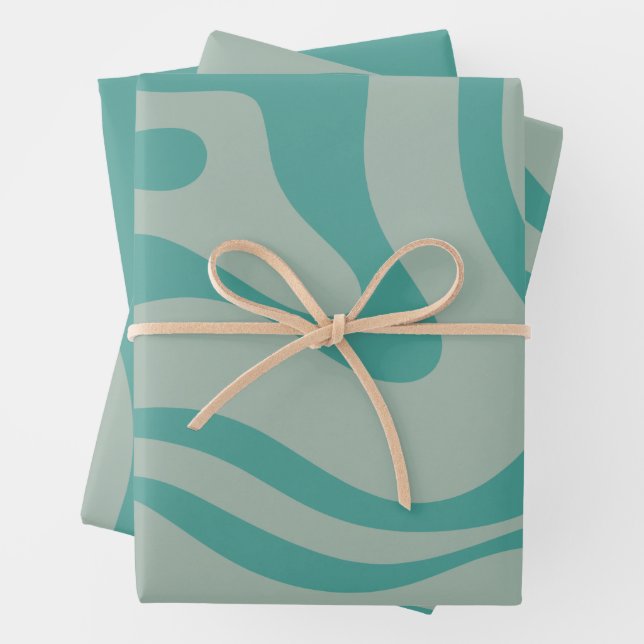 Retro Liquid Swirl Abstract Pattern Muted Teal Wrapping Paper Sheet (In situ)