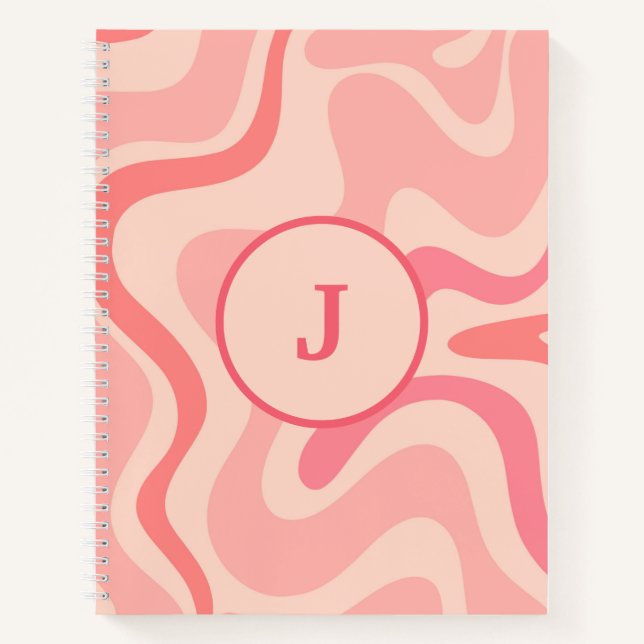 Retro Liquid Swirl Abstract Pattern Pink Initial Notebook (Front)