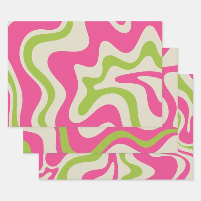 Retro Liquid Swirl Abstract Pattern Raspberry Lime Wrapping Paper Sheet (Set)