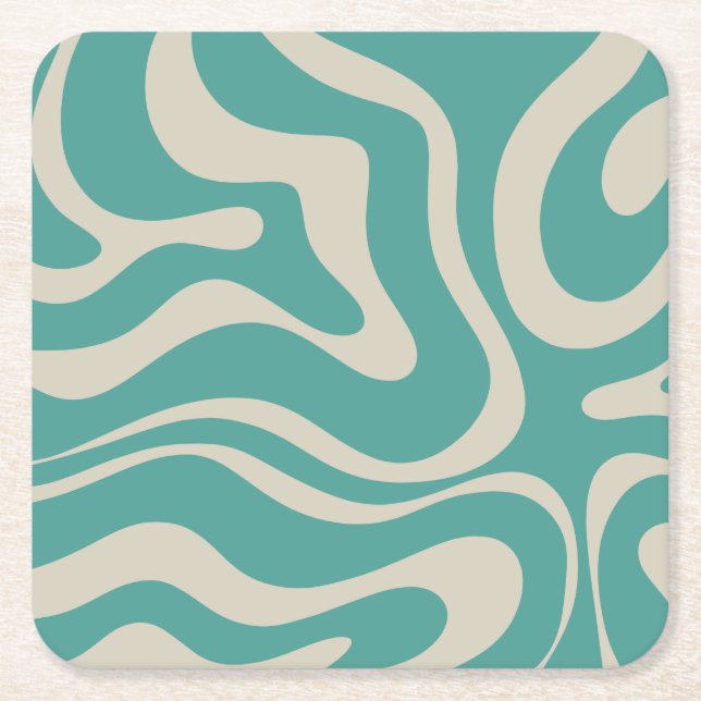 Retro Liquid Swirl Abstract Pattern Teal Beige Square Paper Coaster (Front)