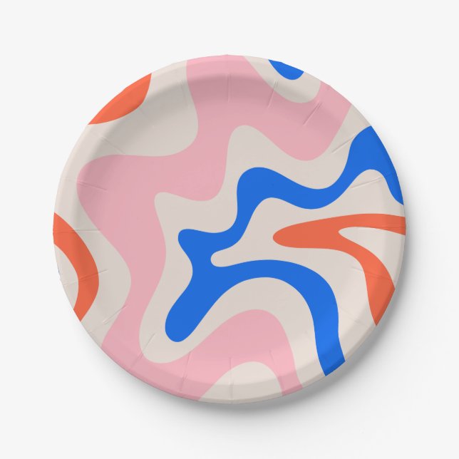 Retro Liquid Swirl Abstract Pink Orange Blue Paper Plate (Front)
