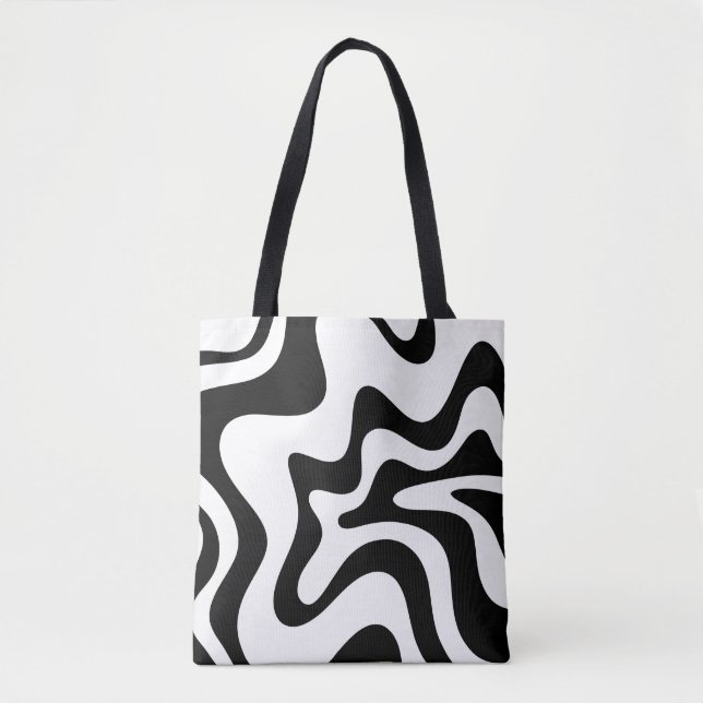 Retro Liquid Swirl Trippy Black and White Abstract Tote Bag (Front)