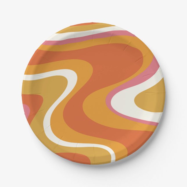 Retro Liquid Swirls Pattern in Orange Pink Mustard Paper Plate (Front)