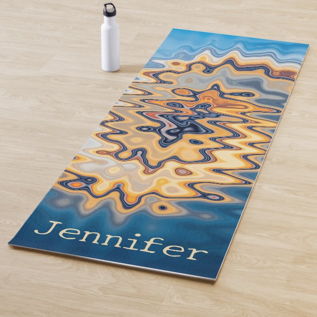 Retro Liquid Wavy Swirl Blue Yellow Pattern Name Yoga Mat (In Situ)
