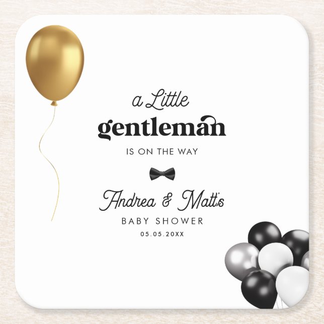 Retro Little Gentleman Balloons Boy Baby Shower Square Paper Coaster (Front)