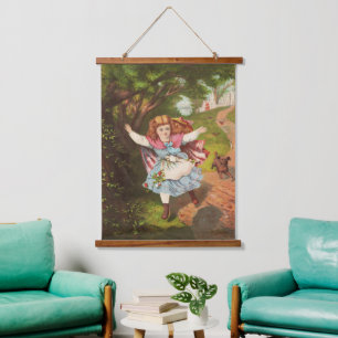 Retro Little Girl and Dog Lithograph Illustration Hanging Tapestry