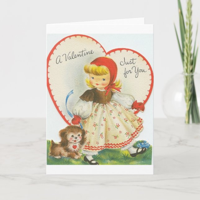 Retro Little Girl And Puppy Valentine's Day Card (Front)